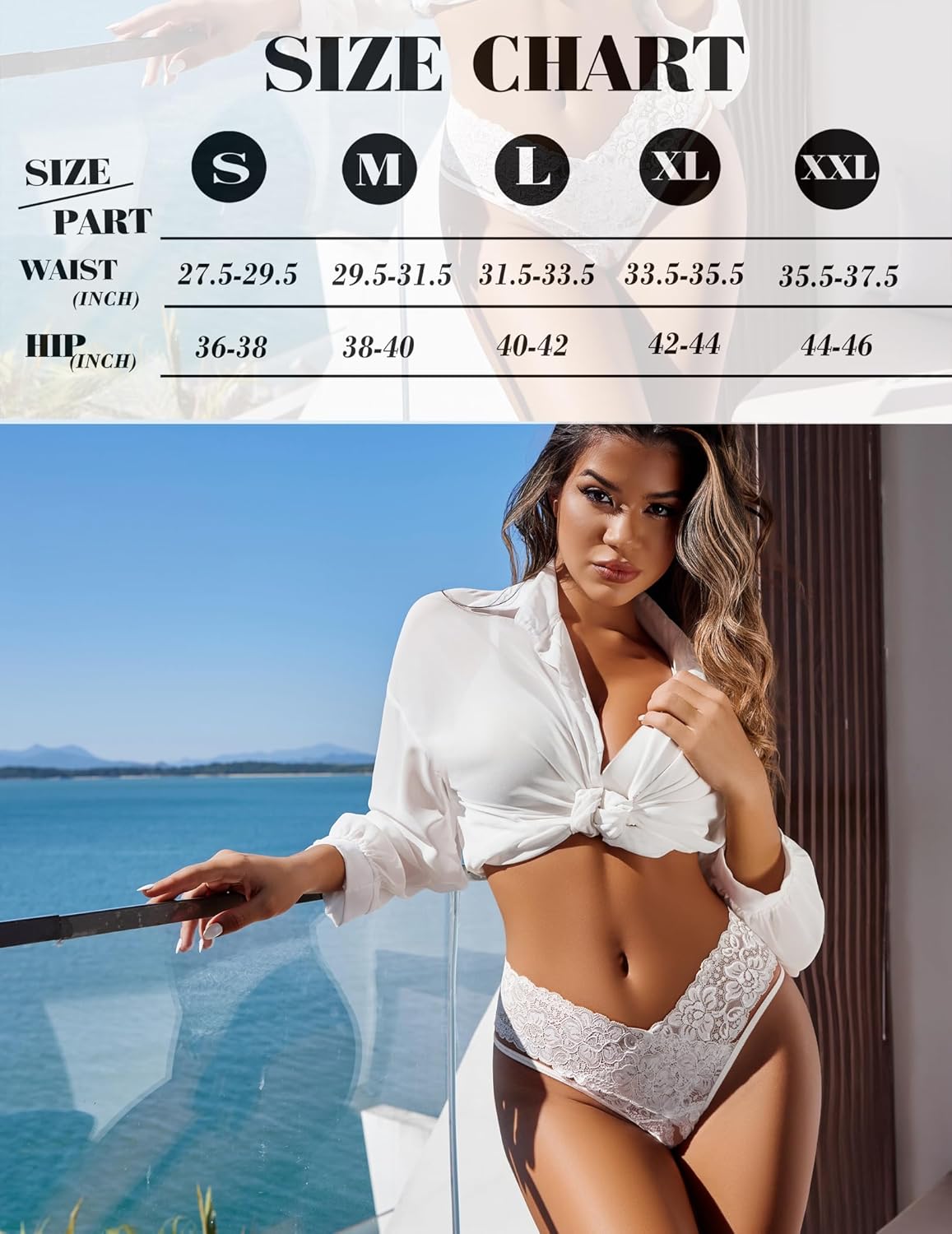 Avidlove white lace V-shape cheeky panties with size chart, low-rise design, sexy lingerie