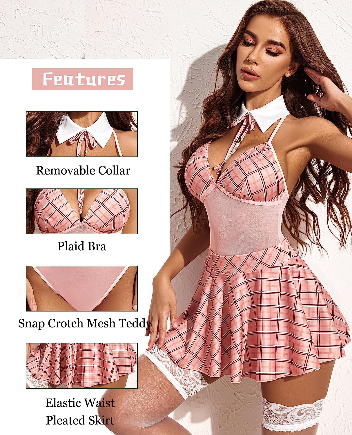 Pink plaid schoolgirl lingerie set: removable collar, halter, snap crotch, and pleated skirt.