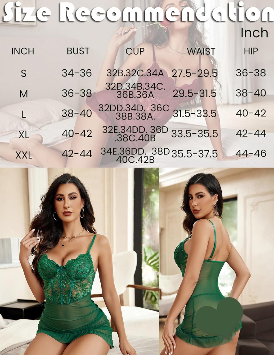 Green lace babydoll dress with size chart, floral lace, adjustable straps and ruffled hem