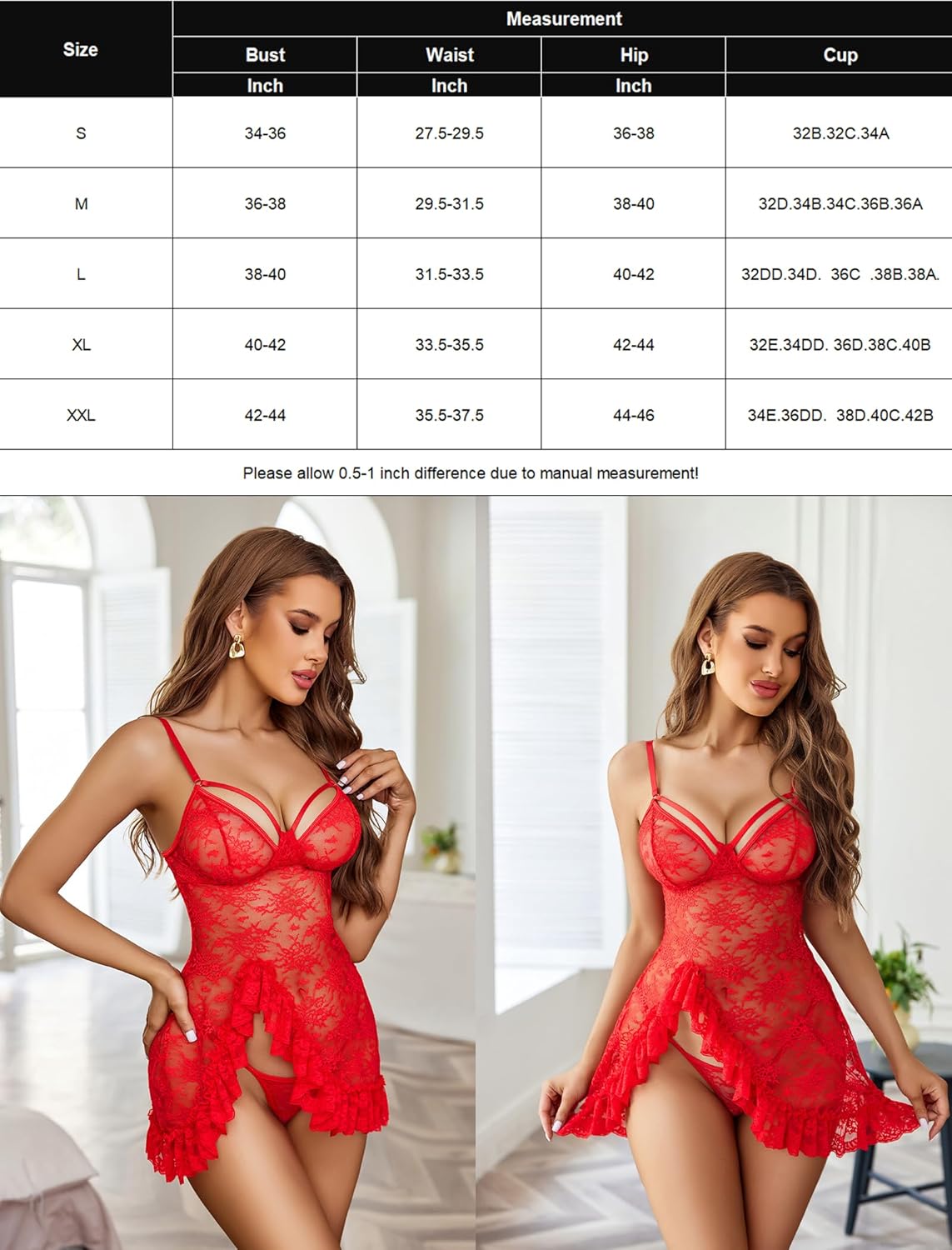 Red lace chemise sleep dress with ruffle hem and thigh-high slit, size chart included
