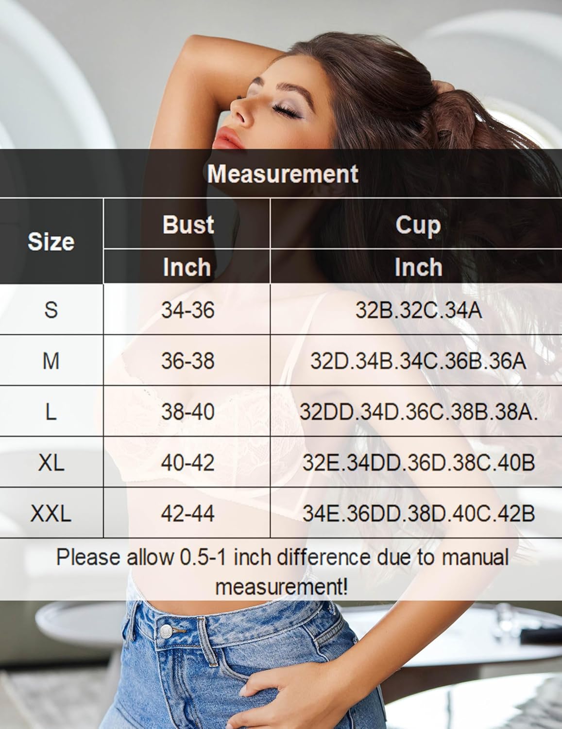 Avidlove balconette bra size chart: bust and cup measurements for various sizes