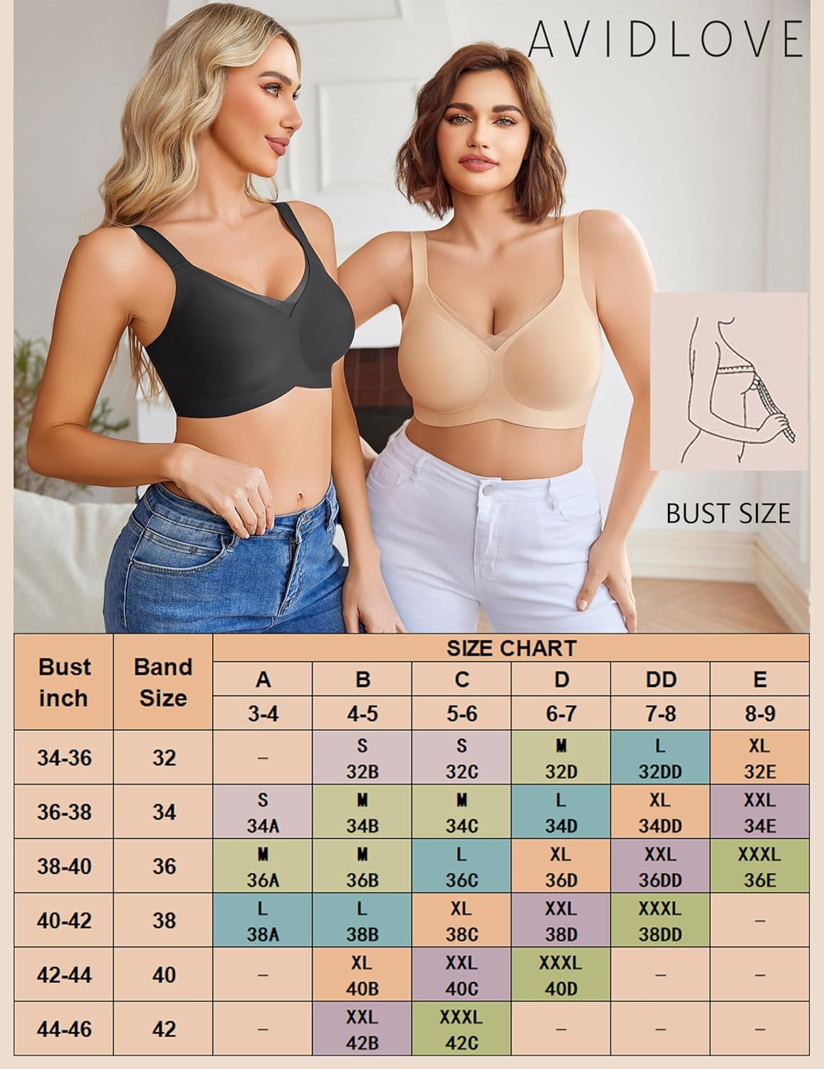 Seamless comfort bras by Avidlove, black and nude colors, with size chart for perfect fit.