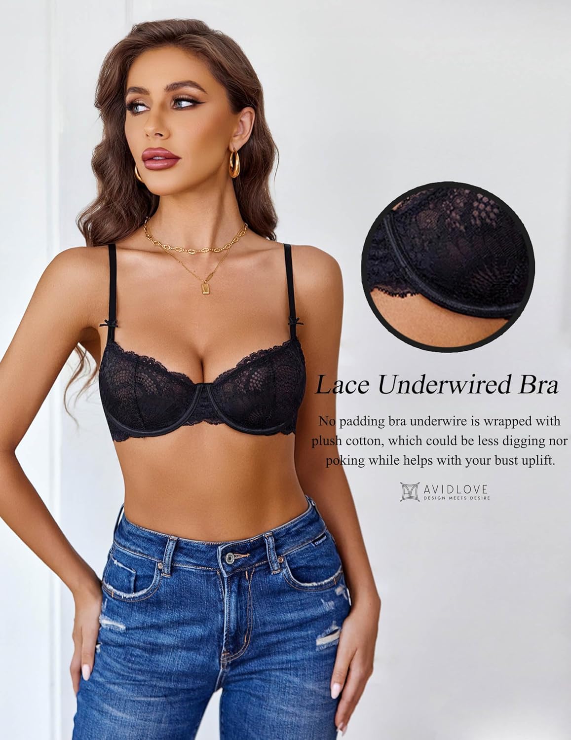 Black lace underwire bra with scalloped edge and blue jeans. Avidlove lingerie.
