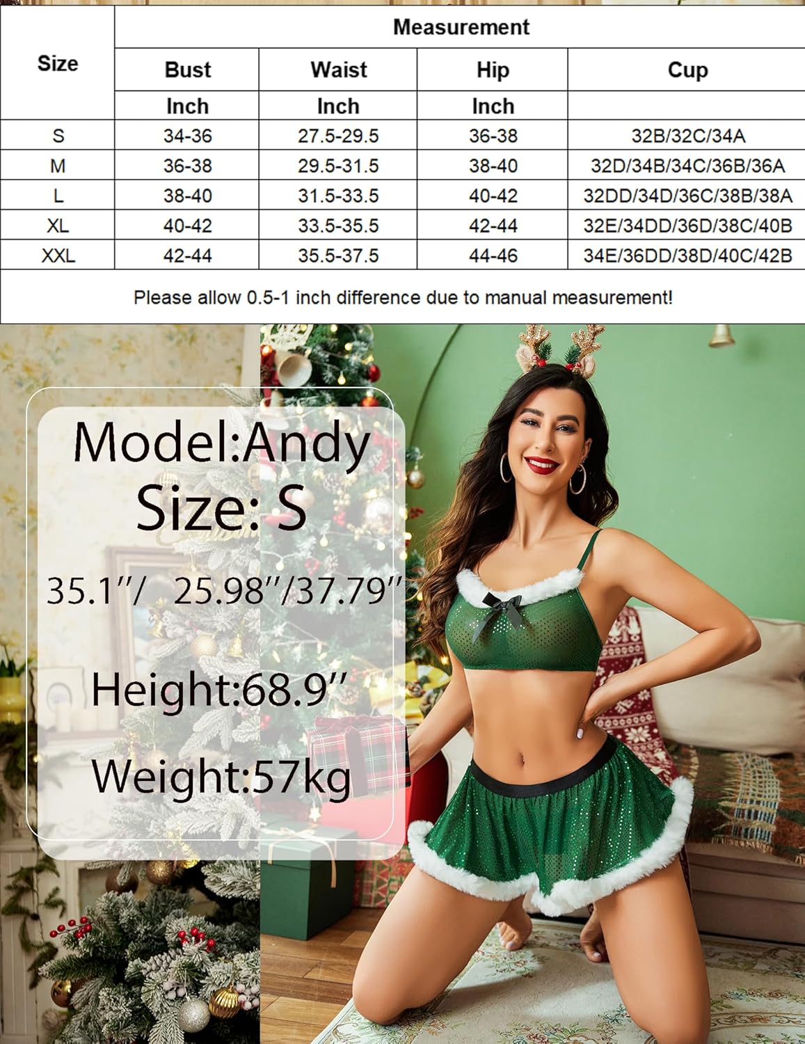 Green Christmas Santa lingerie, model Andy, sheer top and skirt, size S, with marabou trim