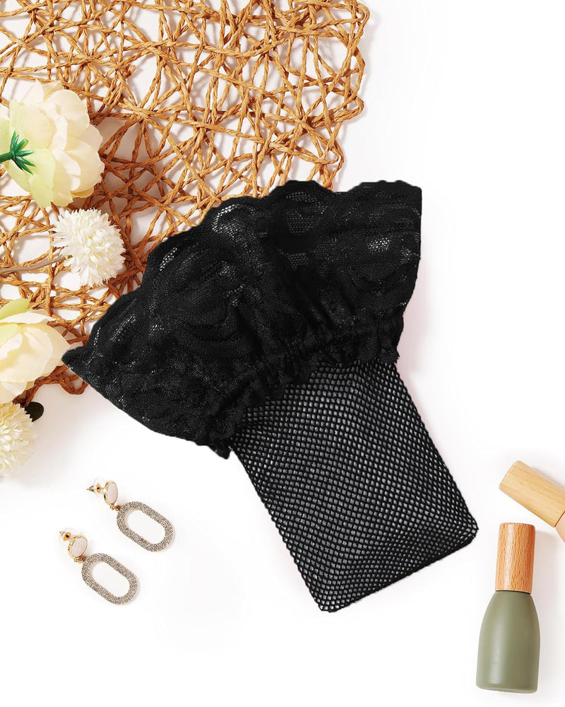 Black lace trim fishnet thigh-high stockings, sheer and sexy lingerie for women