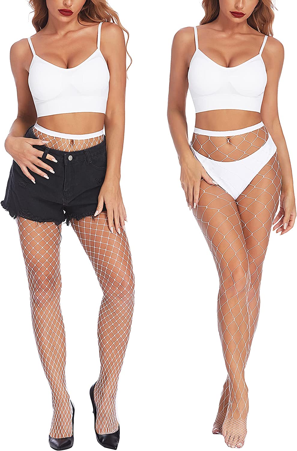 White fishnet stockings, diamond net pattern, confident and sexy look, ideal for outfits.