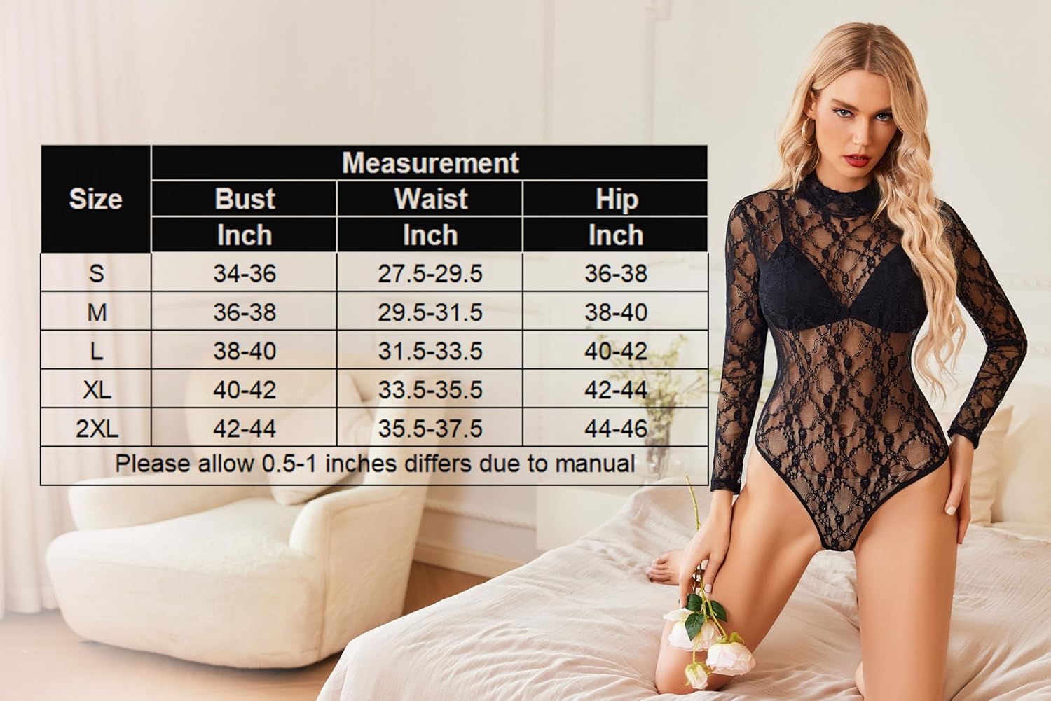 Black lace bodysuit, long sleeve, high neck, with size chart for women's lingerie.