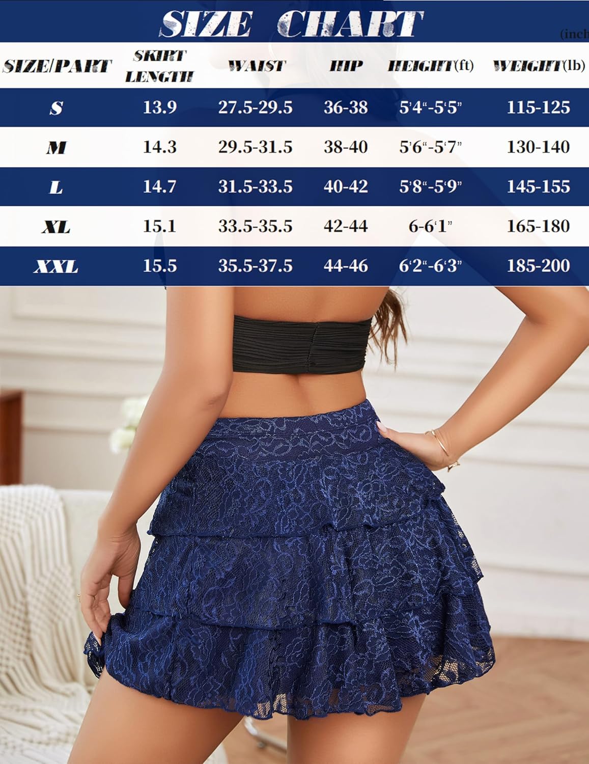 Navy blue lace pleated mini skirt with size chart, comfortable and sexy, available in various sizes.
