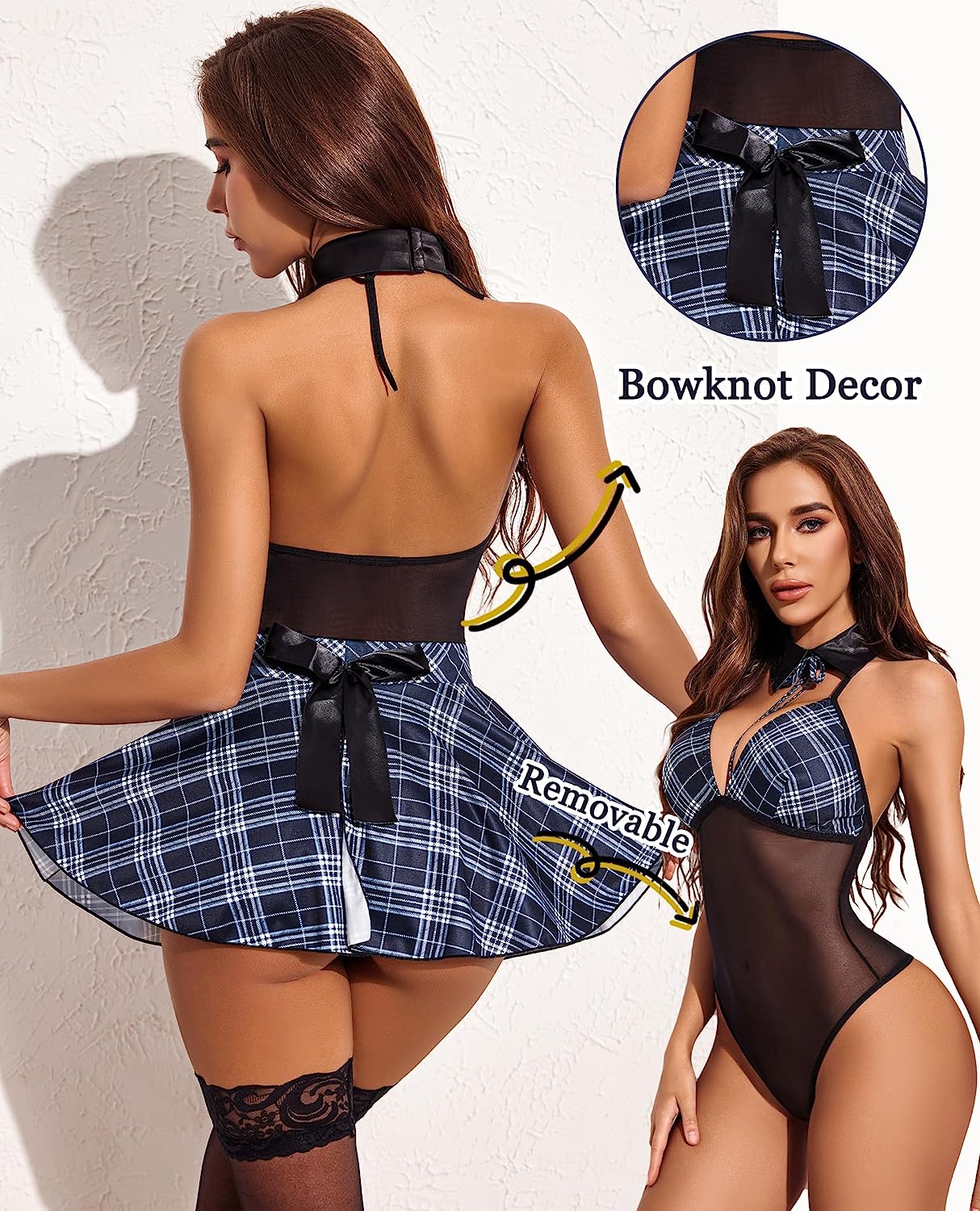 Blue plaid schoolgirl lingerie with halter, mesh, removable skirt and bowknot detail, for roleplay.