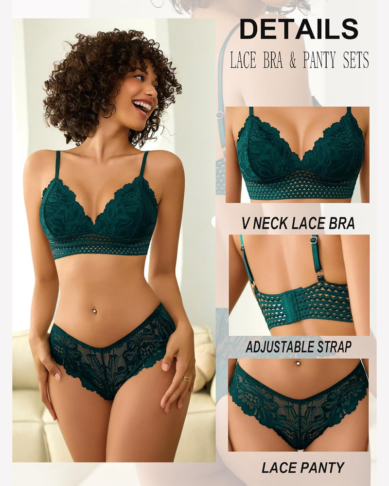 Teal floral lace bralette and panty set with adjustable straps. V neck lace bra and lace panty.