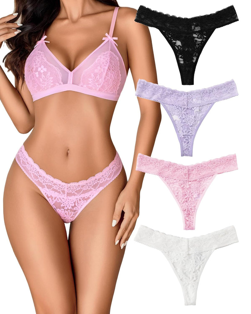 Lace low waist Brazilian panties set in pink, plus black, lavender, pink, and white