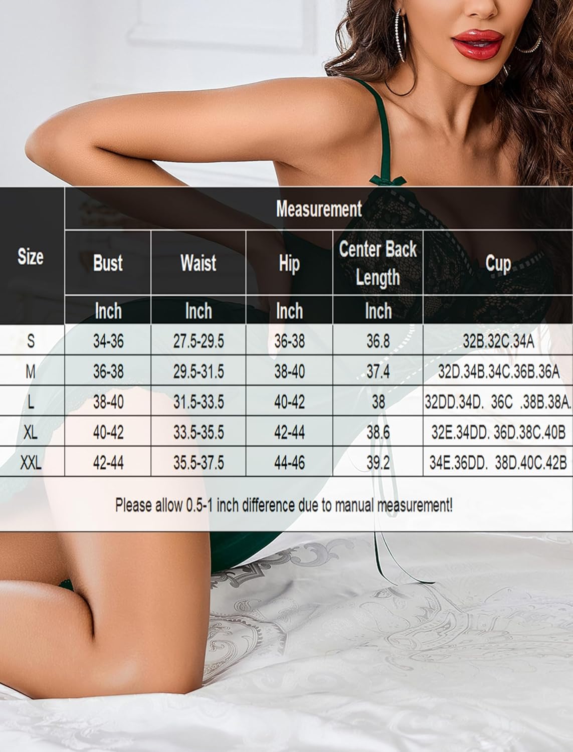 Lace chemise nightdress size chart. Measurements for S-XXL, for confidence and inner beauty.