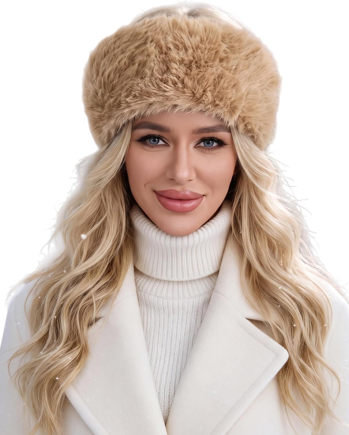 Faux fur headband with elastic, tan winter ear warmer for women
