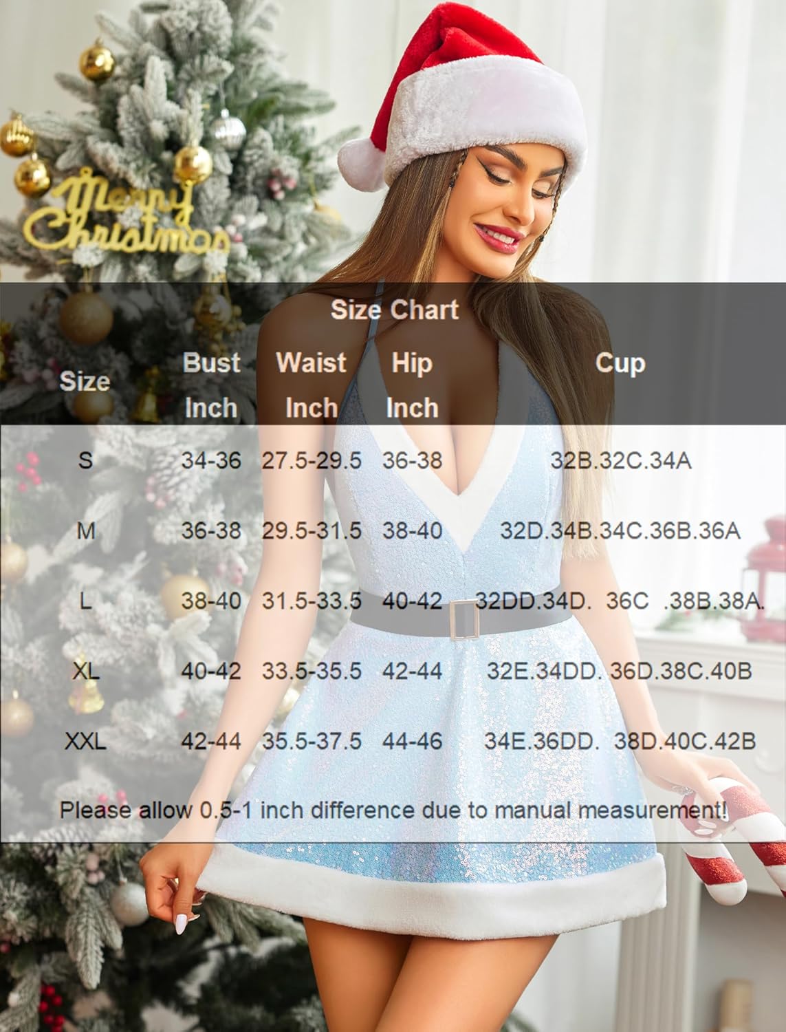 Light blue sequin Santa lingerie set size chart, halter neck, white trim, black belt, holiday outfit