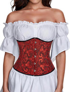 Red patterned underbust corset top with button front and white off-shoulder ruffle sleeves