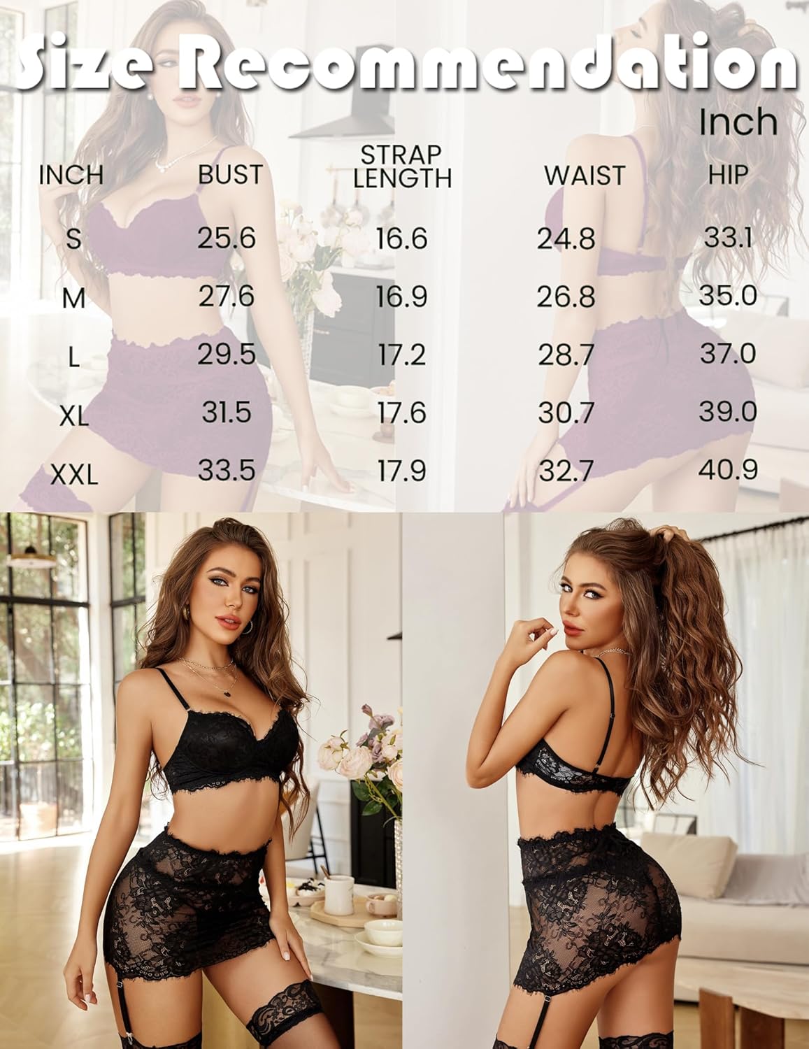 Black lace garter belt mini skirt lingerie set, size chart included, floral lace design.