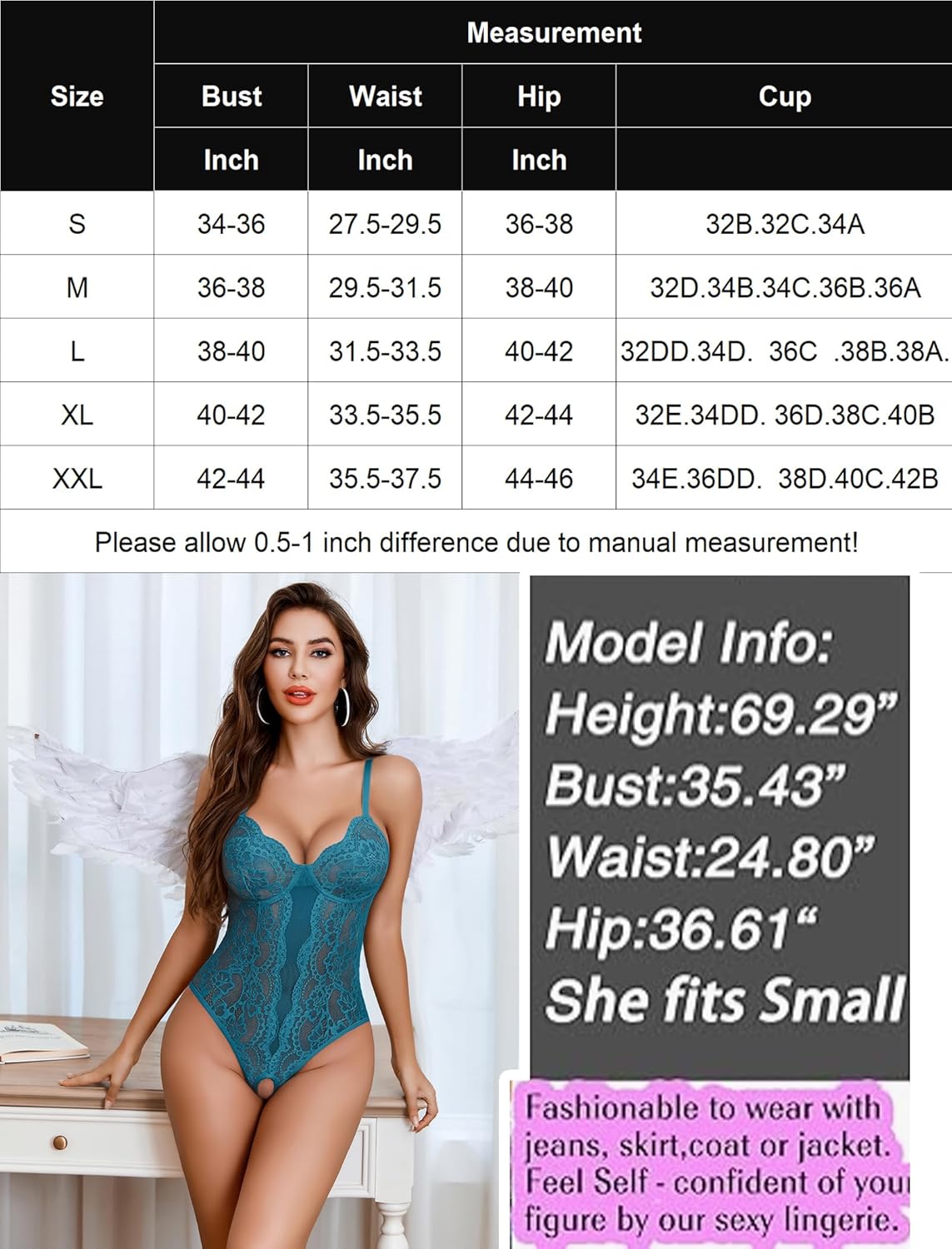 Teal lace Deep V cut-out one-piece lingerie. Model info, size chart included.