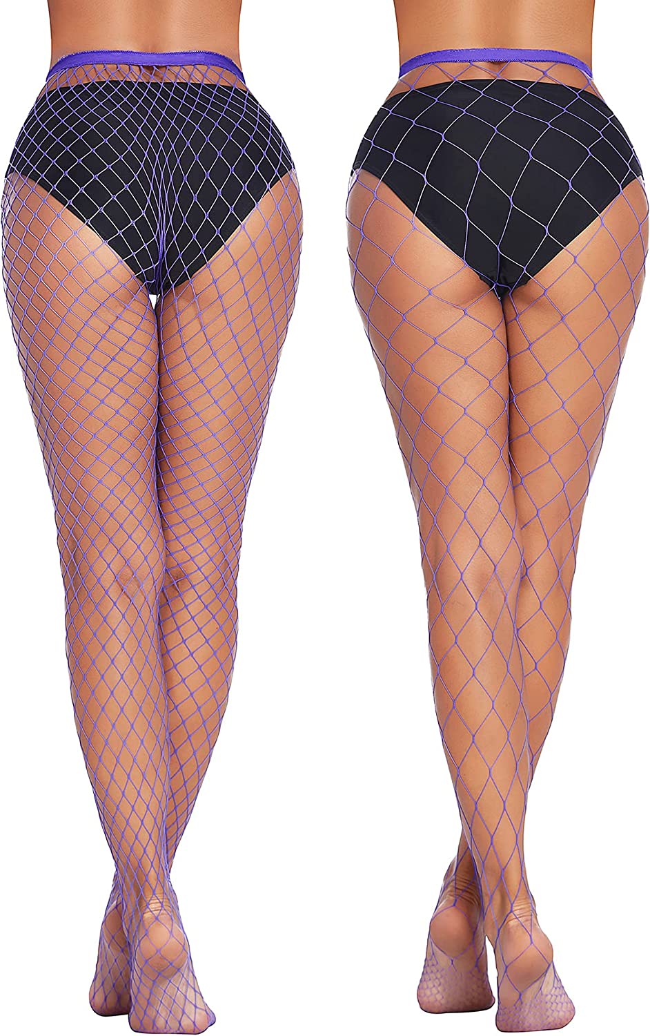 Purple diamond net plus size fishnet stockings on model. Confident and sexy look, ideal for outfits.