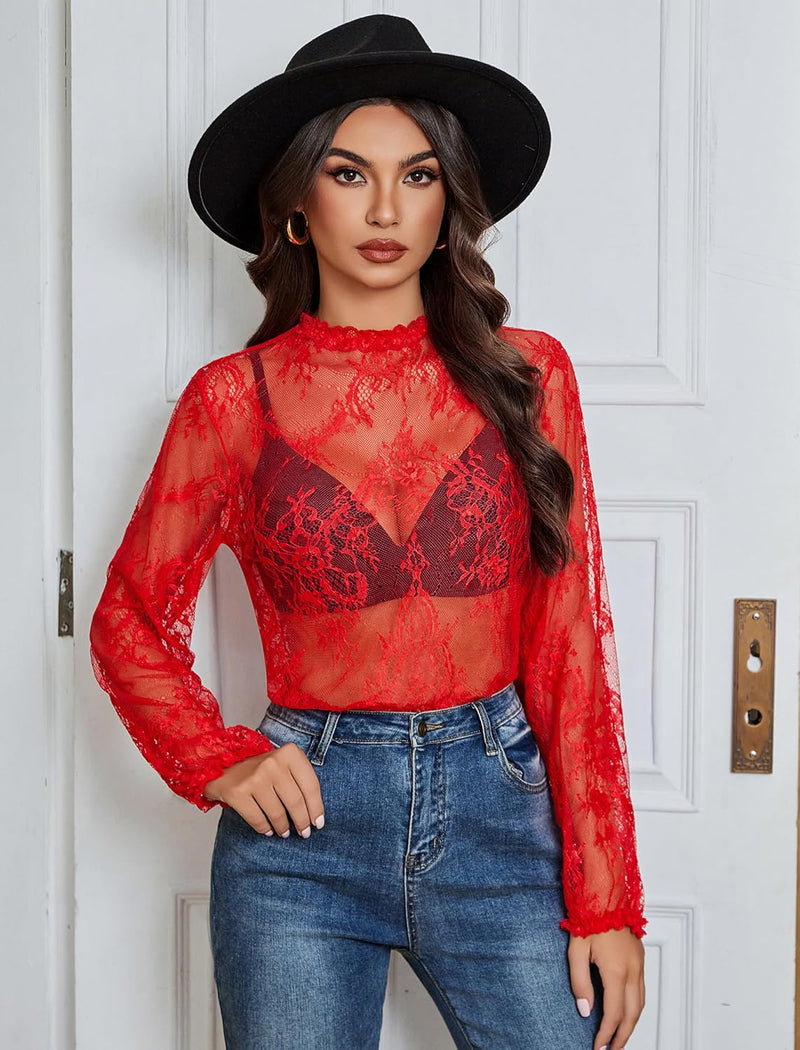 Red sheer lace long-sleeve top with high neck and floral mesh pattern