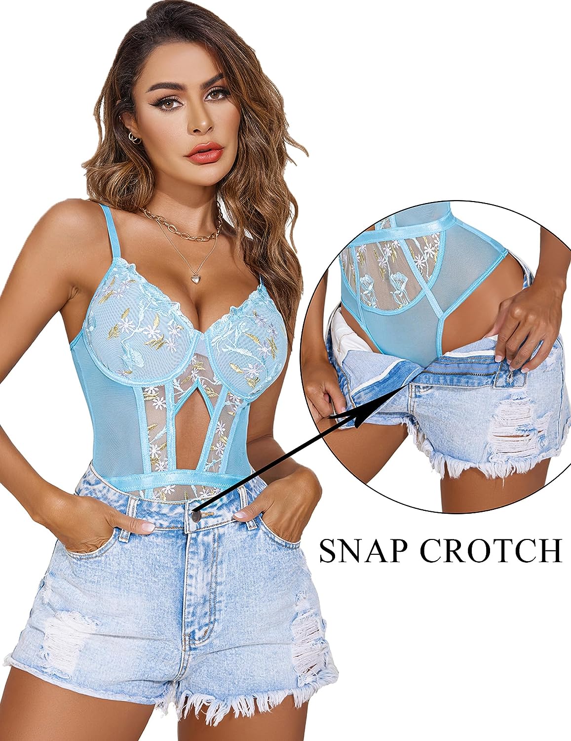 Avidlove light blue floral lace bodysuit with snap crotch and adjustable straps, lingerie for women