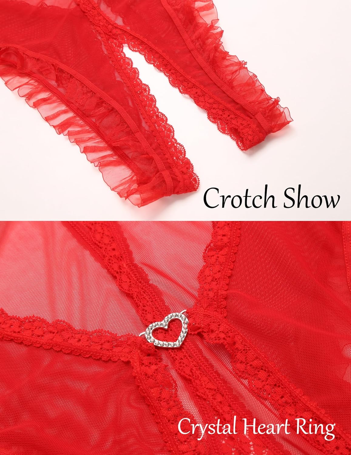 Red lace crotchless teddy lingerie with crystal heart ring, sheer mesh, ruffled trims, Crotch Show