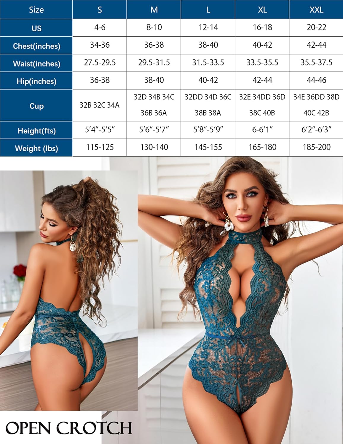 Teal lace halter bodysuit with open crotch, deep V-neck, and size chart. Sexy lingerie for women.