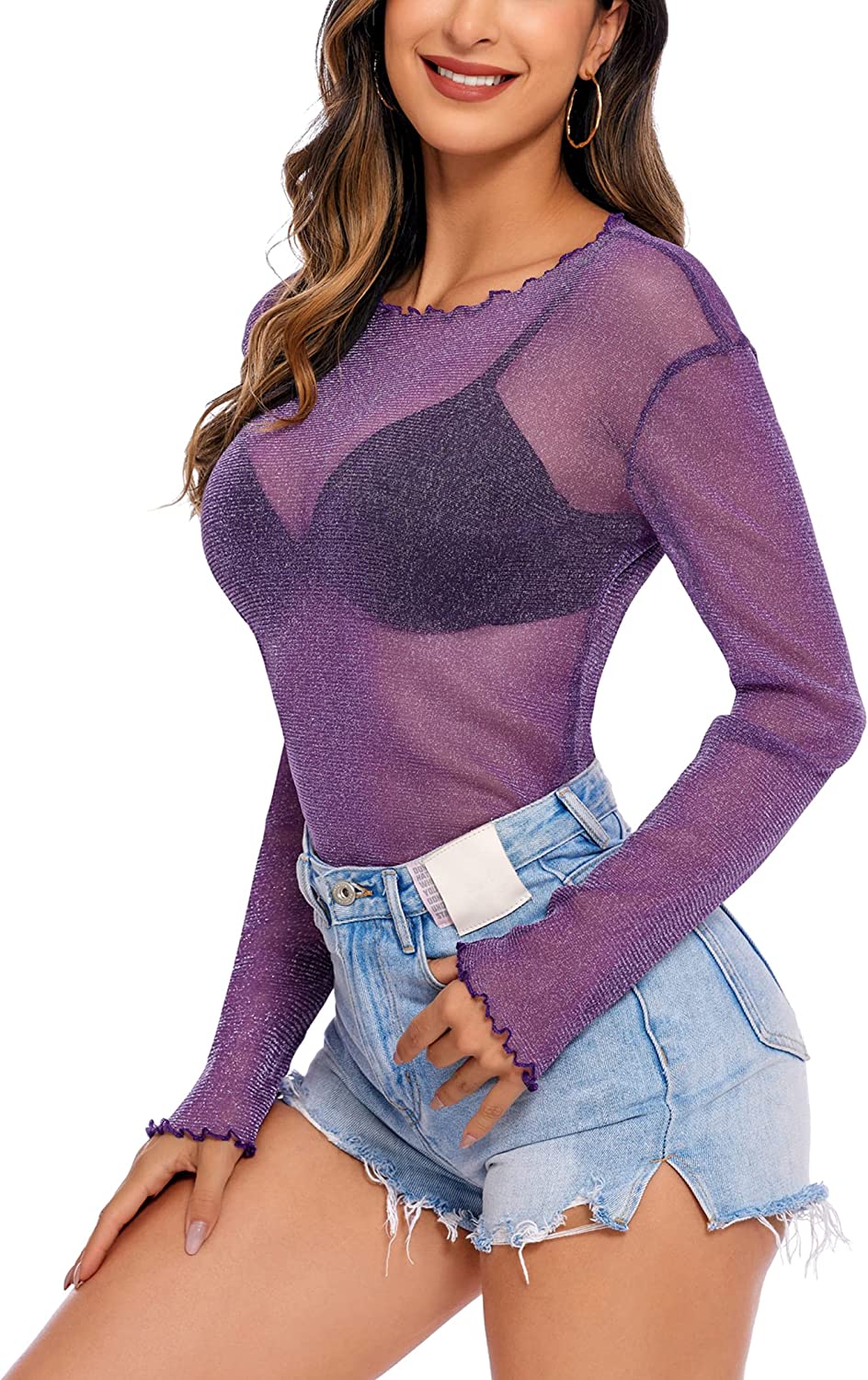 Purple mesh long sleeve see-through shirt with denim shorts. Stylish night out outfit.