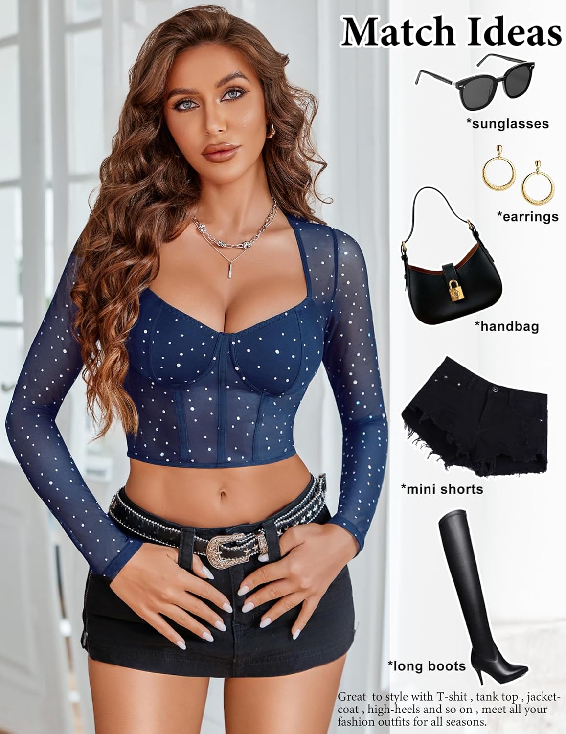Navy mesh rhinestone crop top outfit with black shorts, accessories; trendy outfit ideas