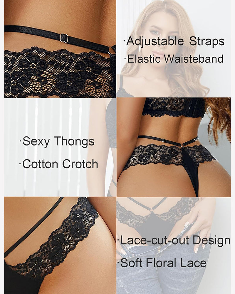Avidlove black lace thong featuring adjustable straps, elastic waistband, and floral lace details.
