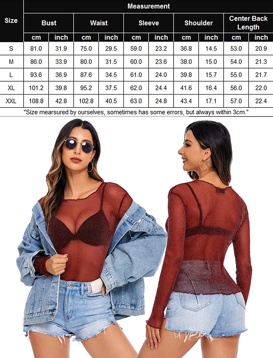Burgundy mesh long sleeve see through shirt, stylish outfit, size chart included