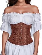 Brown patterned underbust corset top with button front and white off-shoulder ruffle sleeves