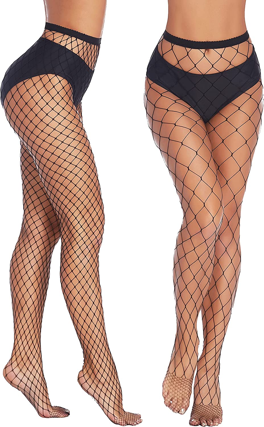 Black diamond net fishnet stockings on models, high-waisted, sexy and confident look