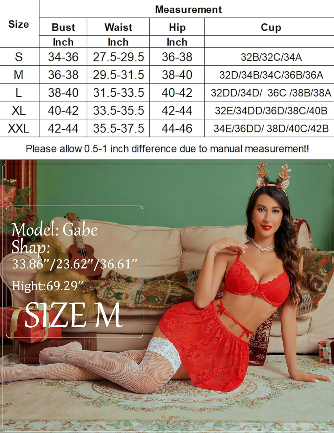 Red lace lingerie set, underwire bra, mini skirt, stockings, size M lingerie, size chart, for dates