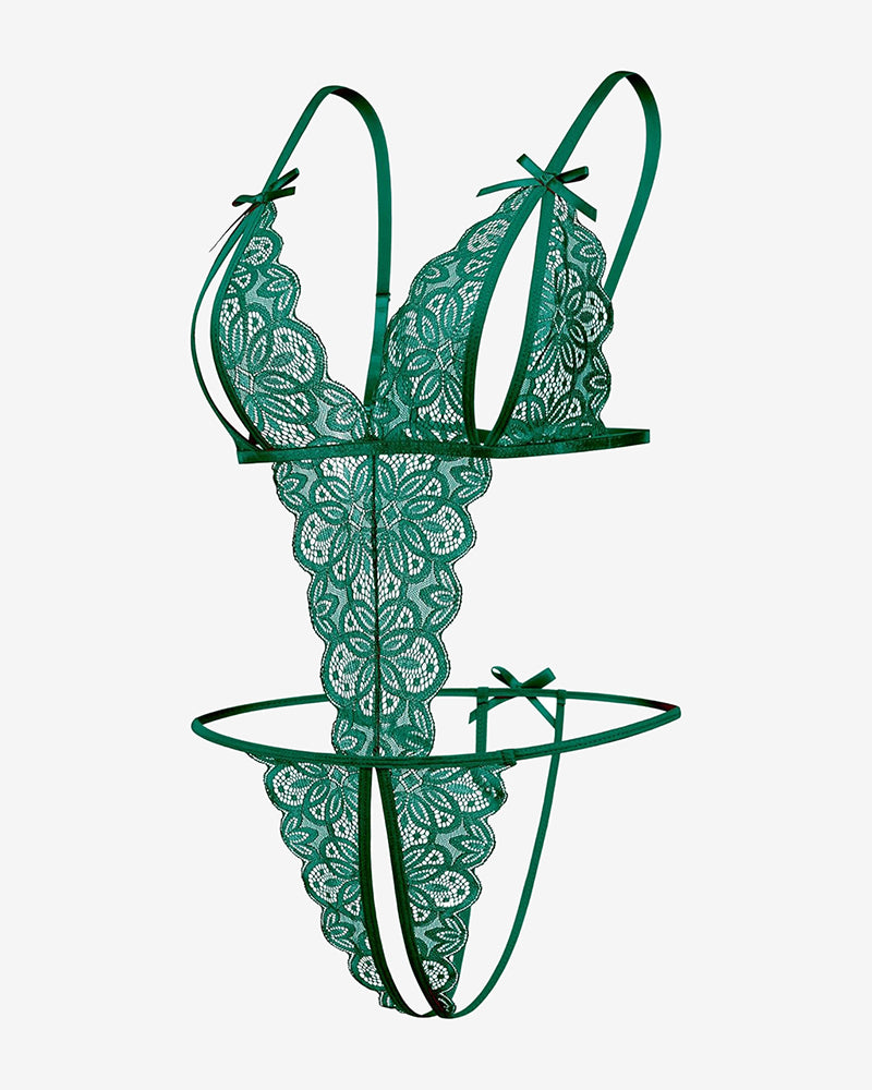 Green floral lace bodysuit with open cup, adjustable straps, backless design, and crotchless bottom