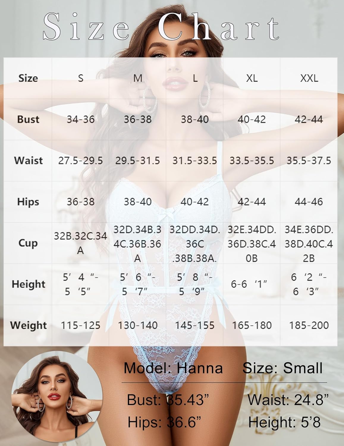 Lace bodysuit size chart with model Hanna, bust 35.43", waist 24.8", perfect for bridal lingerie