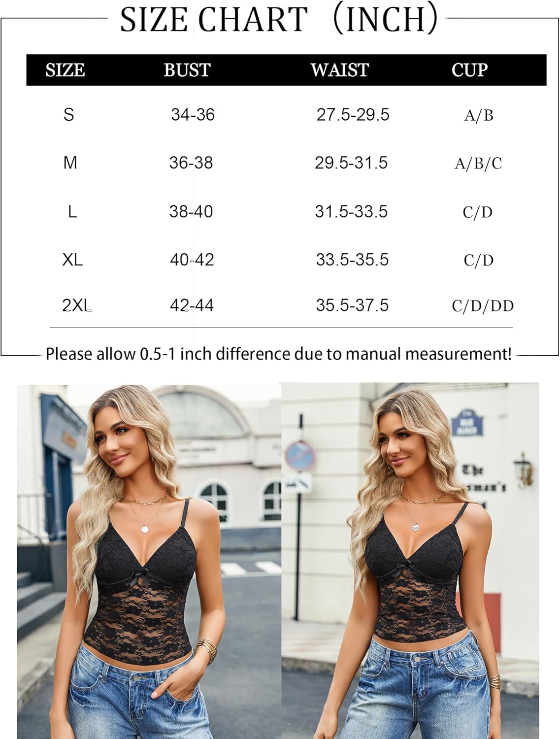 Black lace camisole crop top with spaghetti straps, Y2k tank top size chart, available sizes S-2XL.