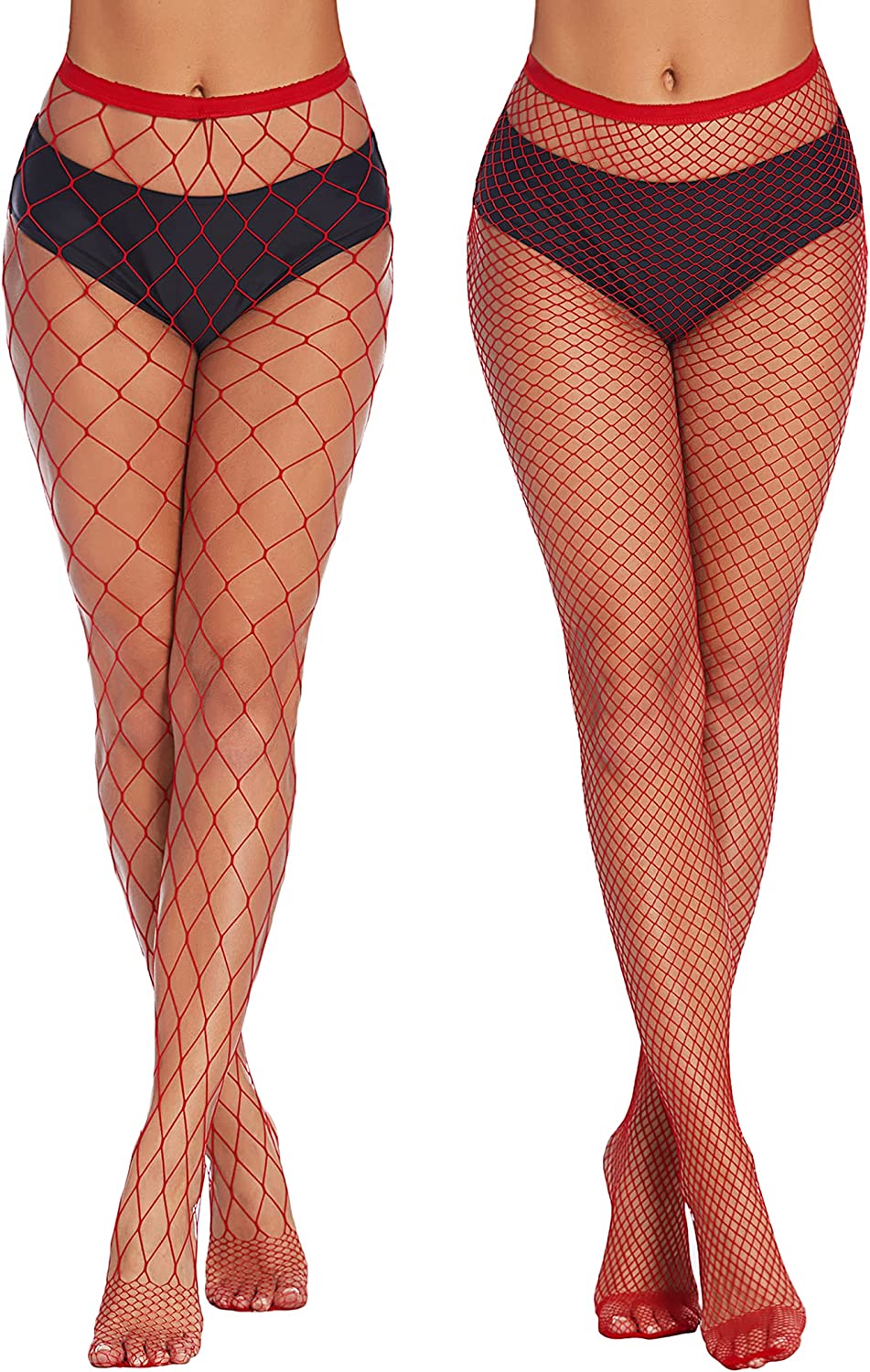 Red fishnet stockings, showcasing a classic diamond net design. Ideal for a sexy and confident look.