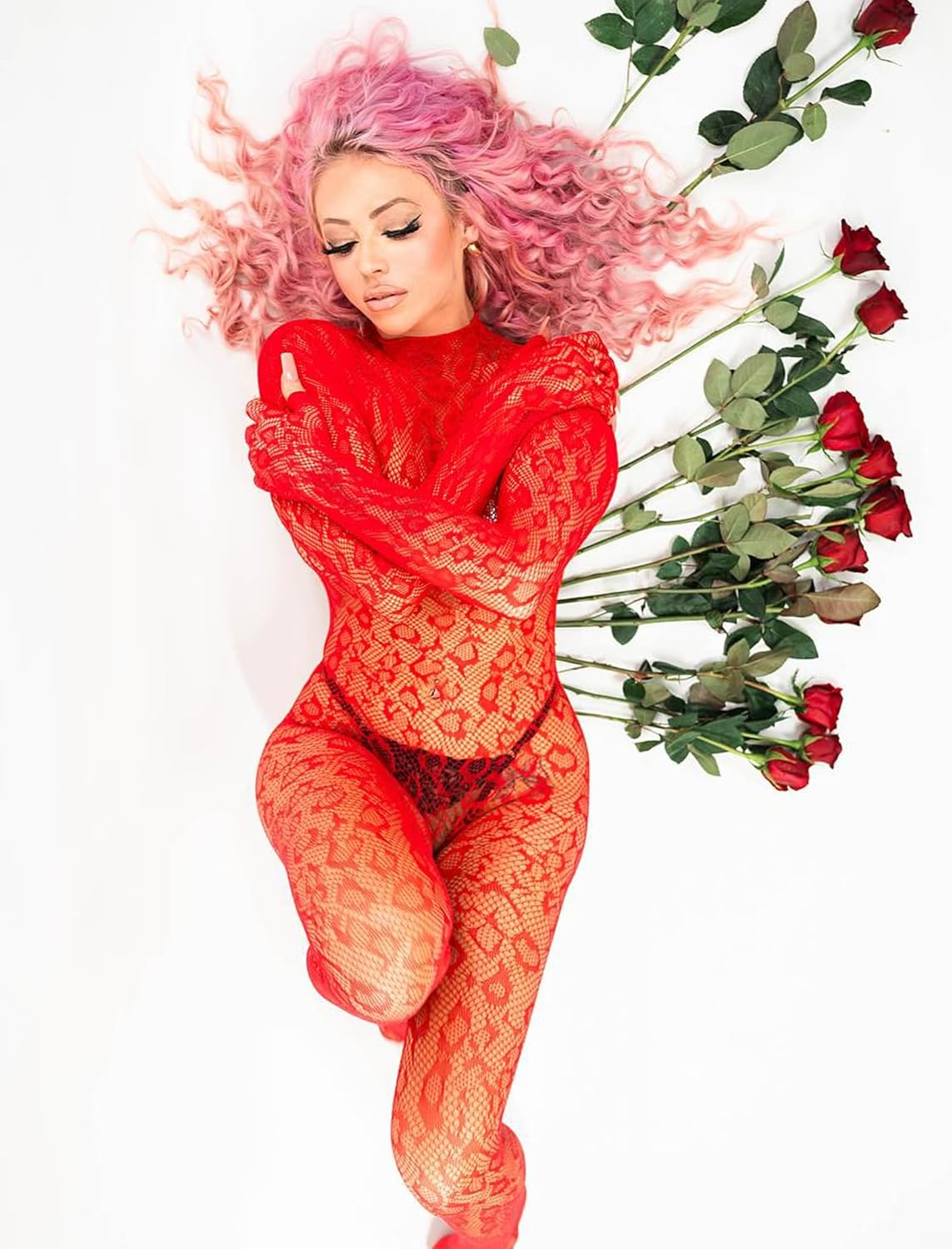 Red snake-skin fishnet bodysuit for rave parties and date nights. Sexy lingerie with roses.