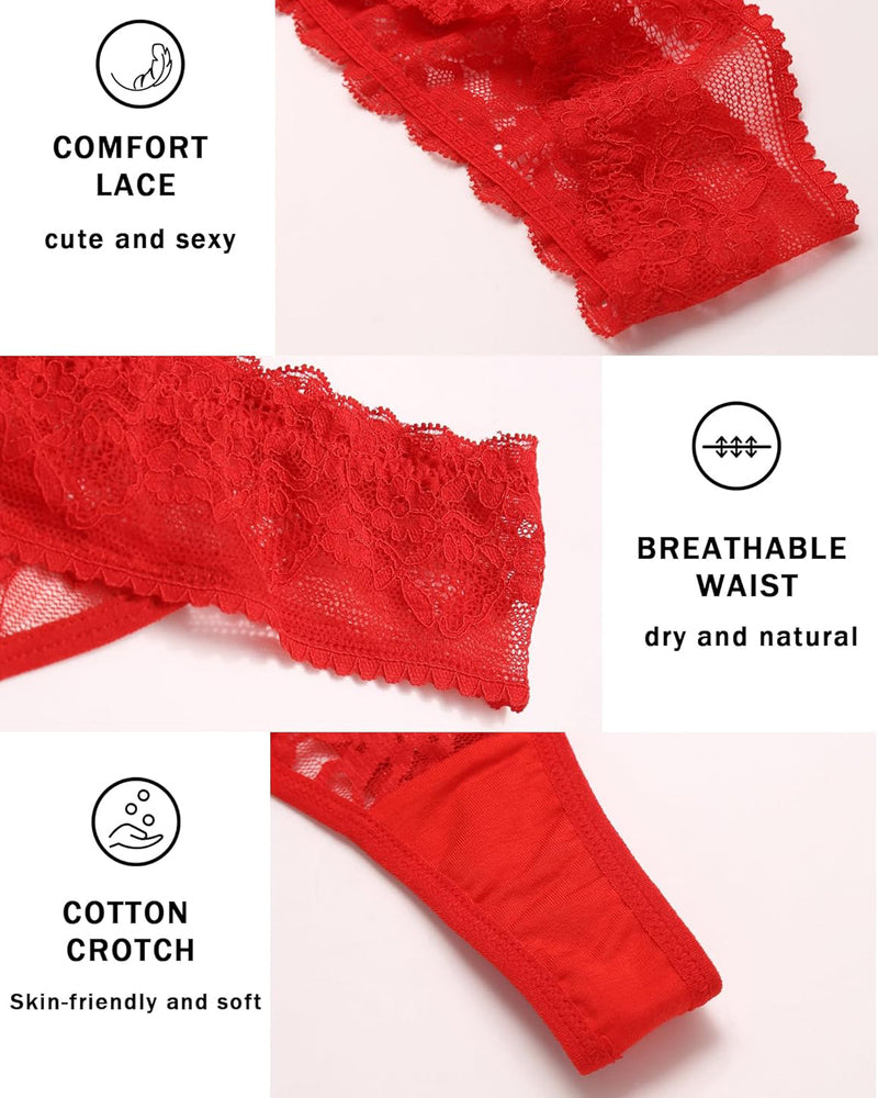 Red lace Brazilian panties, highlighting comfort, breathability, and cotton crotch. Sexy lingerie.