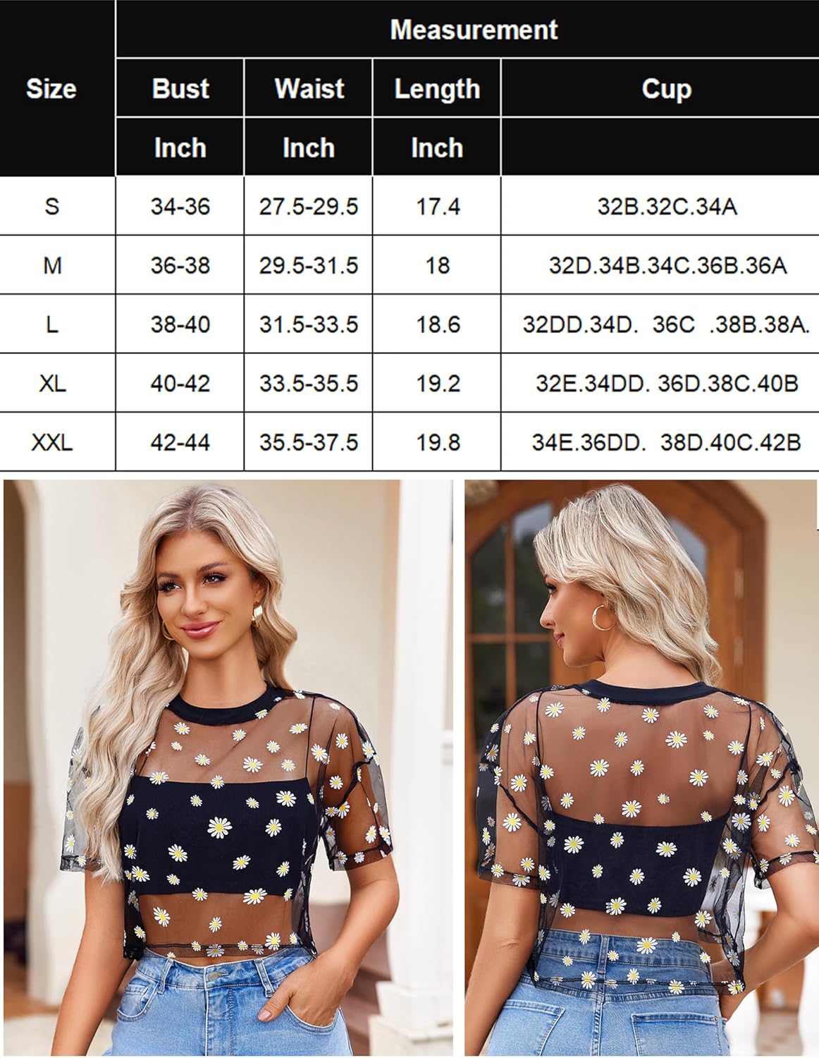Black mesh crop top with daisy pattern, size chart. Trendy and sexy see-through shirt for women.
