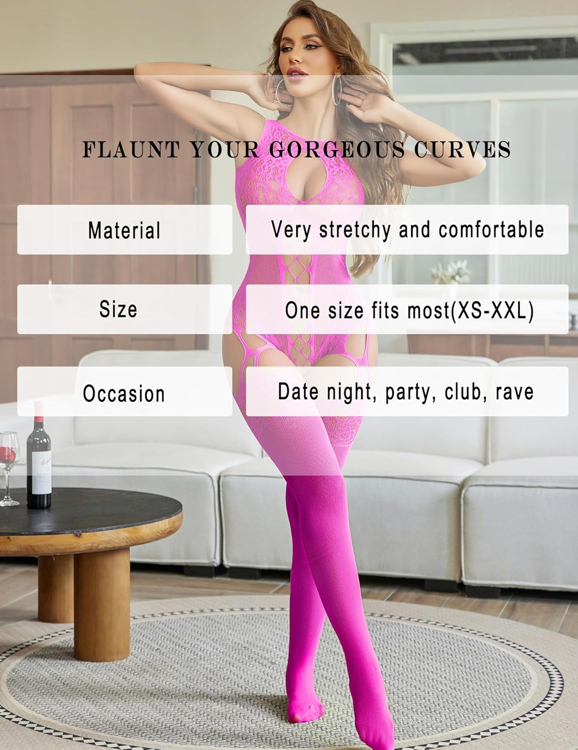 Pink fishnet bodysuit, sexy lingerie for women, perfect for date night, rave party
