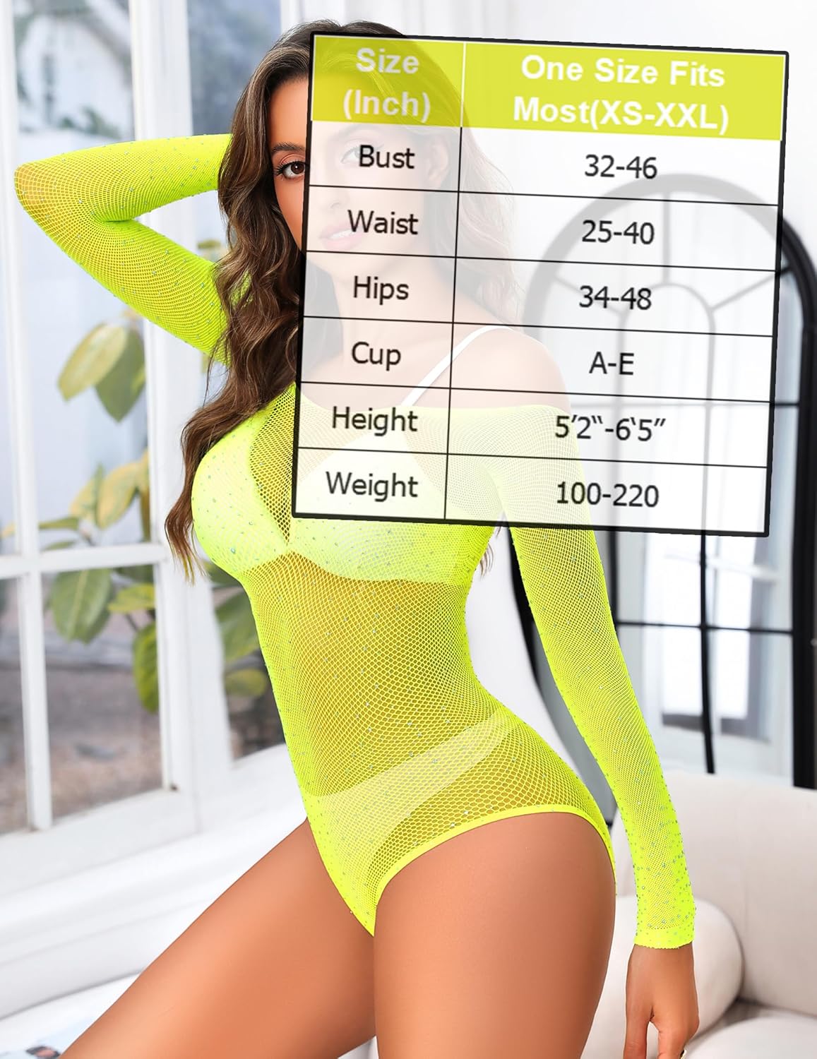 Rhinestone fishnet bodysuit in neon yellow, size XS-XXL. Stylish lingerie, curve-enhancing design.