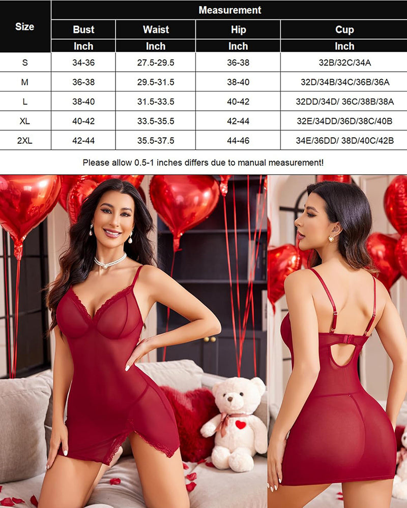 Burgundy mesh side slit nightgown with lace trim. Sexy Avidlove lingerie, measurement chart.