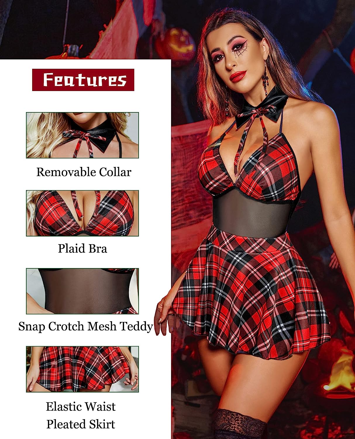 Red Plaid Schoolgirl Lingerie Set: Halter Top, Pleated Skirt, Removable Collar, for Cosplay