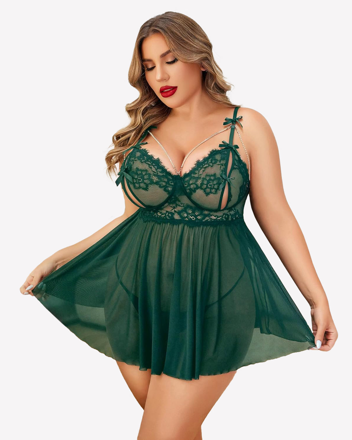 Plus Size Green Lace Babydoll Nighty with Detachable Chain
