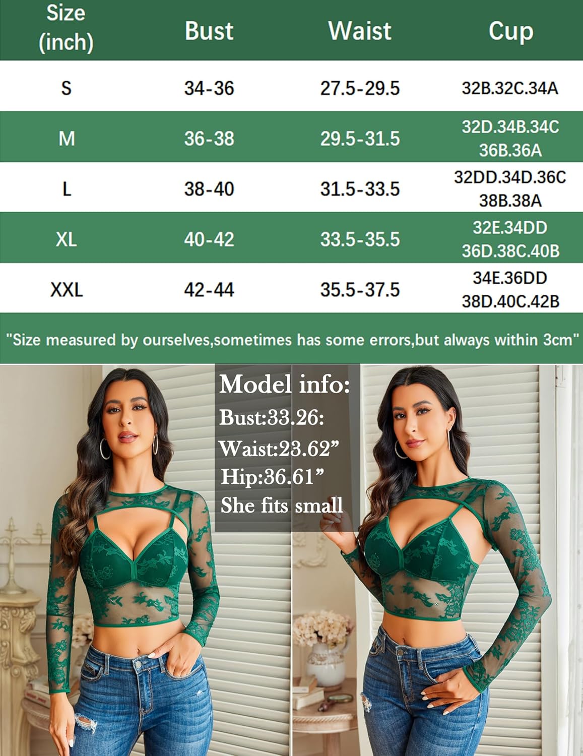 Green lace cami top and matching bra, size chart, model info: bust 33.26", waist 23.62", hip 36.61"