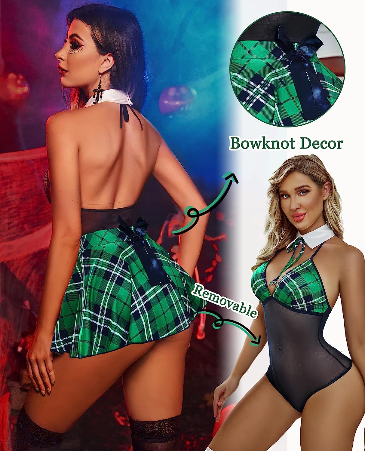 Green plaid schoolgirl lingerie: halter top, mini skirt, removable skirt, bowknot detail, cosplay.