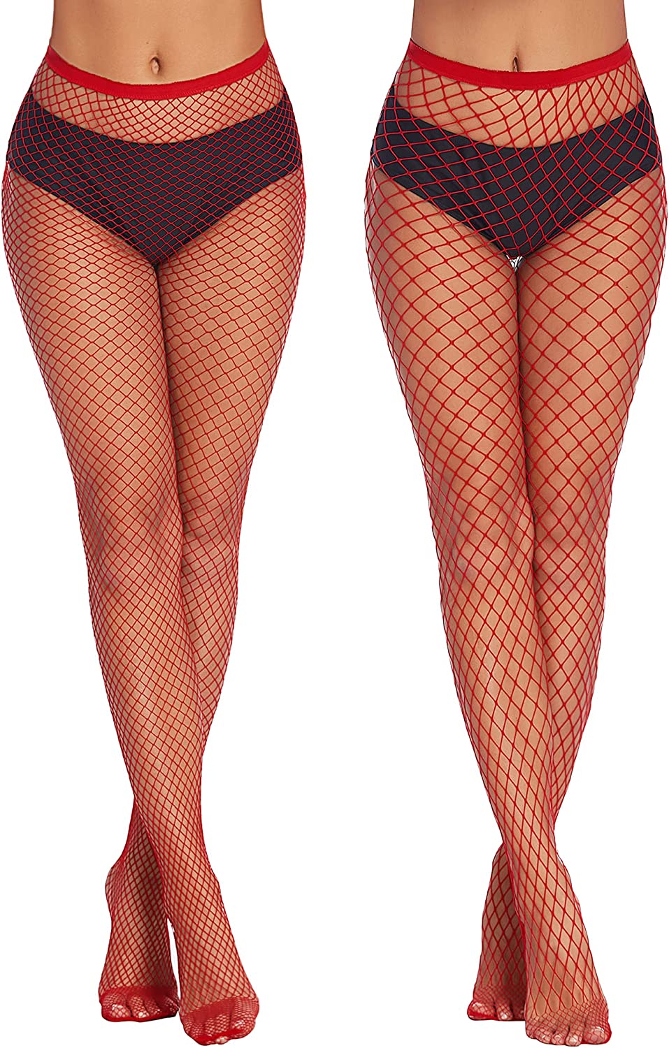 Red fishnet stockings, diamond net pattern, high-waisted. Confident and sexy plus size lingerie.