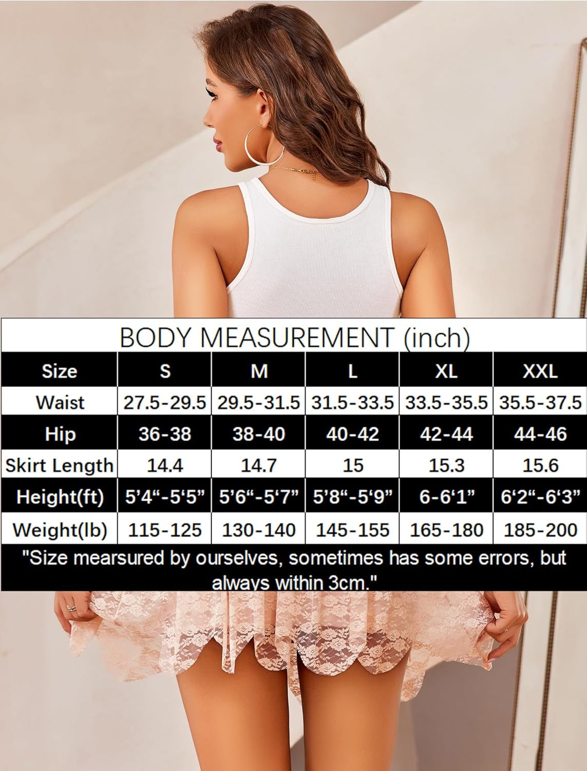 Lace asymmetrical short skirt size chart with waist, hip, and length measurements.