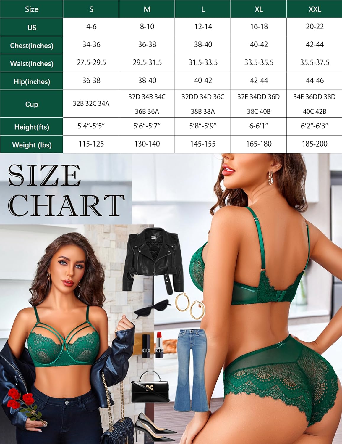 Size chart for green floral lace lingerie set, sizes S-XXL, with model wearing bra and panty.